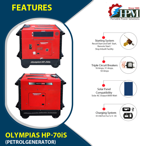 8 KVA Silent Portable Petrol Generator. with  Recoil & Self - Remote Start,  Model Olympias HP-70is