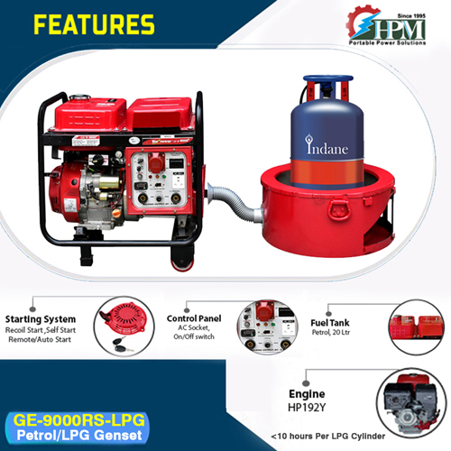 10 KVA World’s Most Powerful & Most Light Weight Portable Generator, Petrol & LPG RUN, Recoil & Self Start Model GE-9000RS
