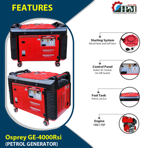 4 KVA smart  Portable Generator, Petrol Run, Recoil & Self Start Model Osprey GE-4000RSi