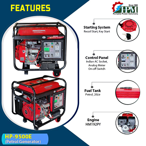 7 KVA super light weight portable smart Generator, Petrol Run,  Recoil & Self Start Model HP-9500E, 