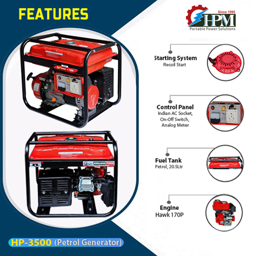 3 KVA light weight Portable smart Generator, Petrol Run,  Recoil Start , Model HP-3500